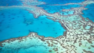 Aerial view of the Great Barrier Reef in Australia with blue water - Leisure Travel Enterprises 