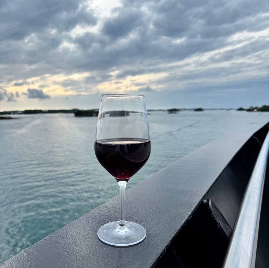 A glass of red wine with amazing background of the ocean and tropical islands - Leisure Travel Enterprises 